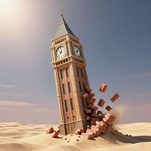 CGI image of a tall clock tower with a blue spire, leaning and crumbling into sand under a bright sun.