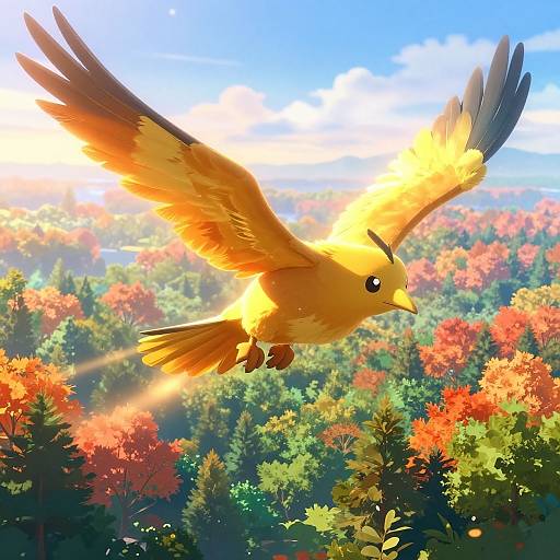 Digital illustration of a radiant yellow bird with outstretched wings soaring above a vibrant, autumnal forest bathed in sunlight.