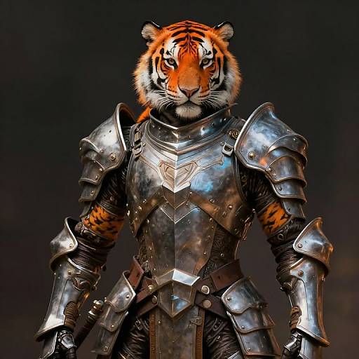 Digital artwork of a fierce, anthropomorphic tiger in shiny, detailed medieval armor with a dark, smoky background. The tiger's orange fur and intense