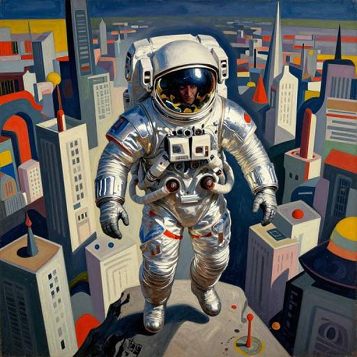 Digital illustration of a silver astronaut standing on a rooftop, surrounded by colorful, stylized cityscape with geometric buildings and red antennas.