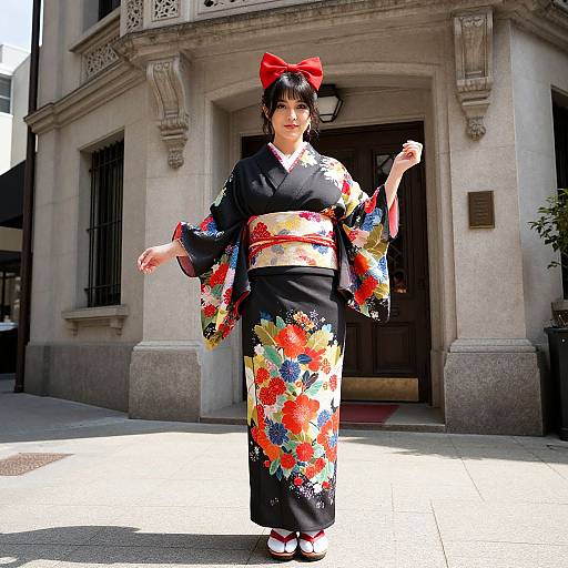 Photograph of a Japanese woman in a black floral kimono, red bow, white sandals, standing in front of a stone building.