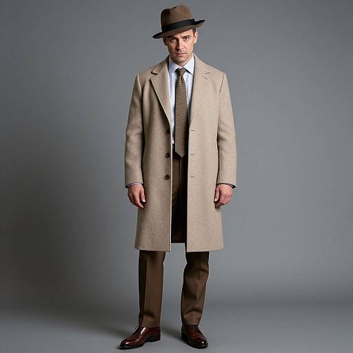 Photograph of a man in a beige overcoat, black tie, white shirt, brown trousers, brown shoes, and brown fedora, standing against