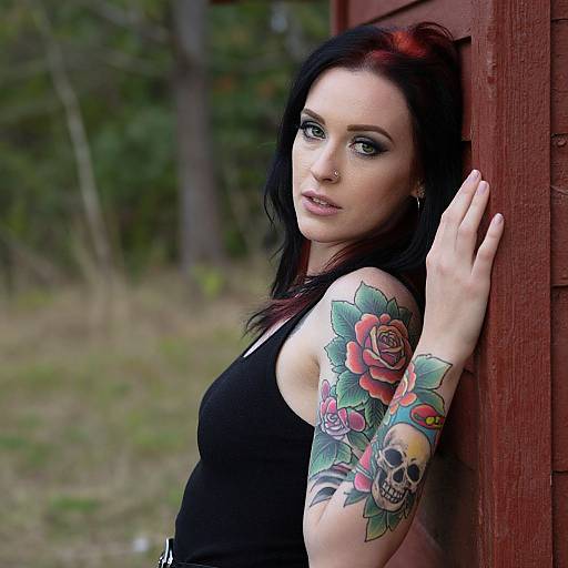 Photograph of a pale-skinned, black-haired woman with red highlights, wearing a black tank top, leaning against a red wooden wall. She has