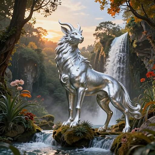 Digital painting of a shiny silver, horned mythical deer statue standing on a mossy rock in a lush, forested waterfall scene.