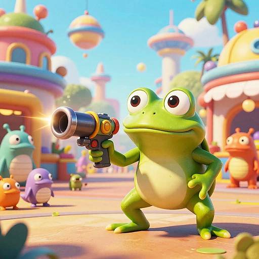 Cartoon green frog with large eyes holding a colorful water gun, standing confidently in a brightly colored, whimsical outdoor amusement park.