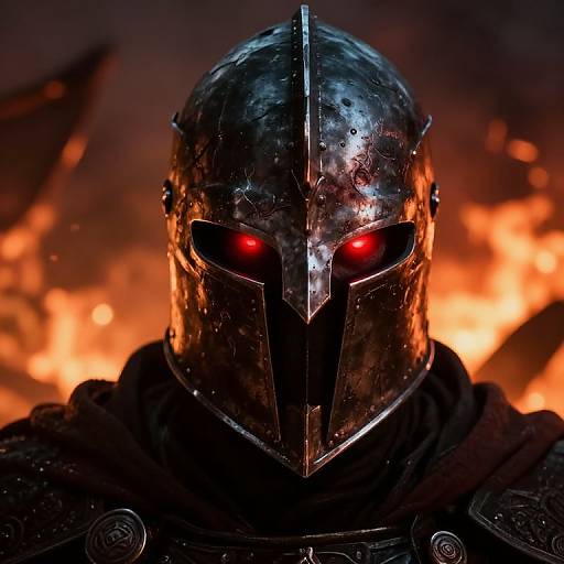 Photograph of a dark, metallic knight helmet with red glowing eyes, set against a fiery, orange-red background. The helmet is worn and textured,