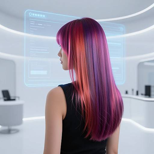 Photograph of a woman with vibrant purple and pink ombre hair, wearing a black sleeveless top, facing a glowing blue screen in a futuristic