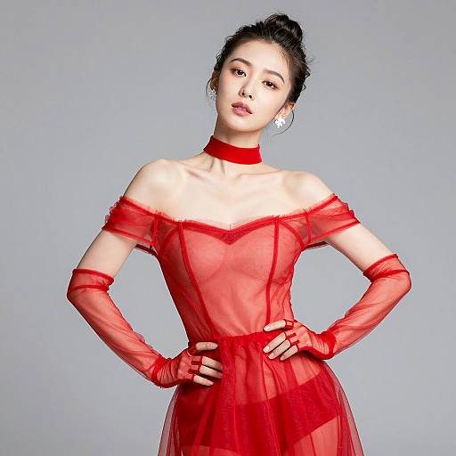 Elegant Asian Woman in Red Attire