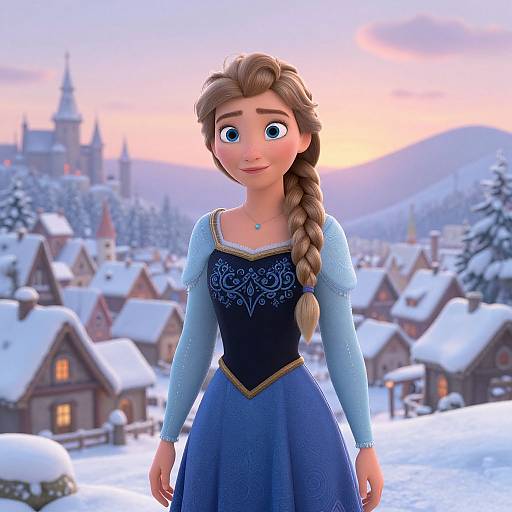 Digital CGI of Elsa from Frozen in her blue winter dress, standing in a snowy village at sunset with snow-covered houses.