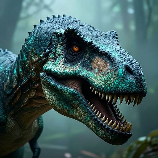 Photorealistic CGI of a fierce, detailed, blue-green dinosaur with sharp teeth and glowing orange eyes in a misty forest.