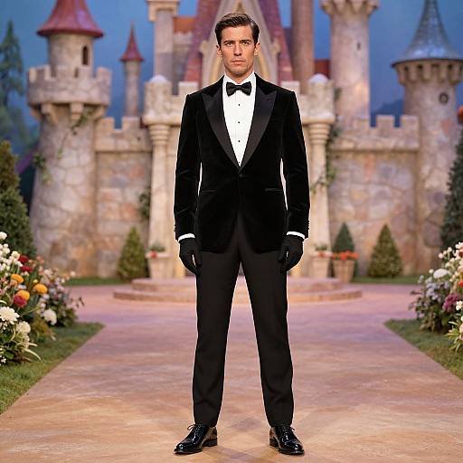 Photograph of a young man in a black tuxedo with bowtie, black gloves, and polished shoes, standing in front of a fairy-t