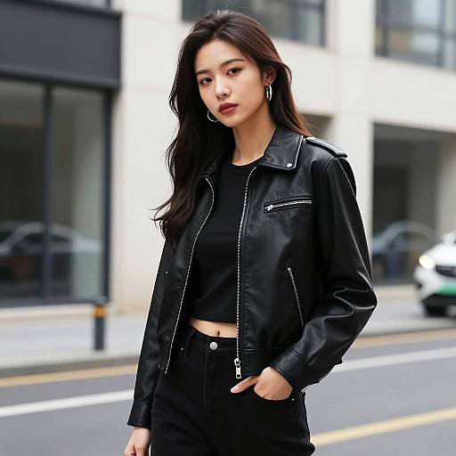 Young Woman in Black Leather Jacket Urban Fashion