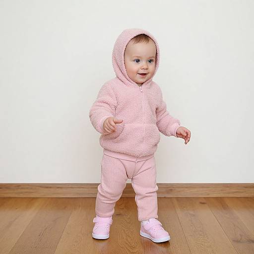Photograph of a smiling baby with light skin, wearing a pink fleece hoodie, matching pants, and pink shoes, standing on wooden floor against a plain