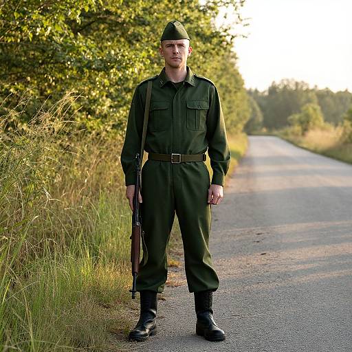 Confident Soldier on Sunlit Path