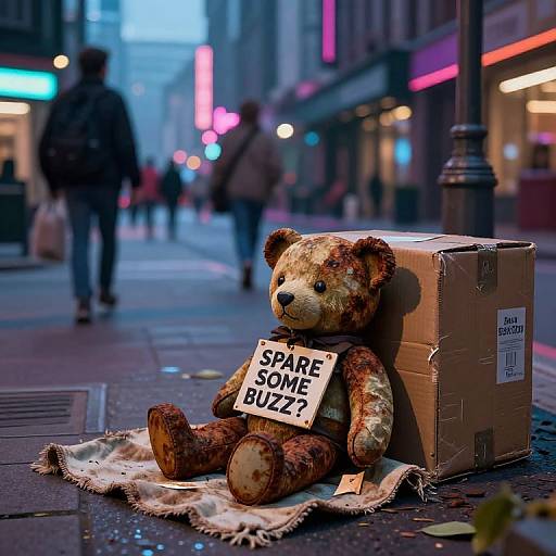 Futuristic Street Scene with Homeless Teddy