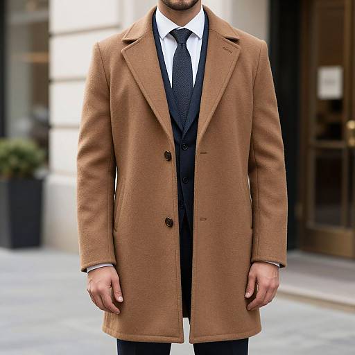 Photograph of a man wearing a brown wool overcoat, black suit, white shirt, and black tie, with a blurred urban background.