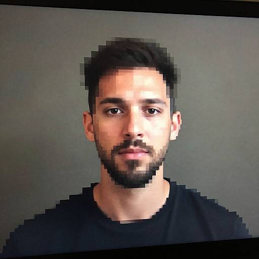 Pixelated photograph of a young man with medium skin tone, dark hair, beard, and black shirt, against a plain gray background.