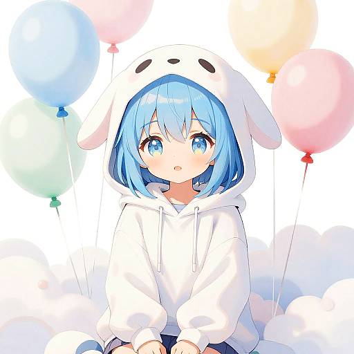 Anime-style digital drawing of a blue-haired girl with large blue eyes, wearing a white bunny-eared hoodie, surrounded by colorful balloons.