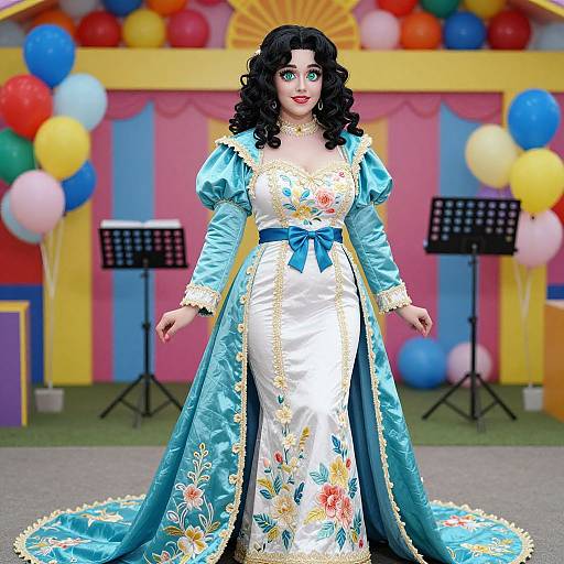 Digital illustration of a curvy, fair-skinned woman with long black curly hair, wearing a blue floral gown with puffed sleeves, standing in a