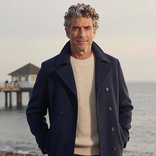 Photograph of mature man with curly gray hair, wearing dark navy coat over white knit sweater, standing by ocean with pier in background.