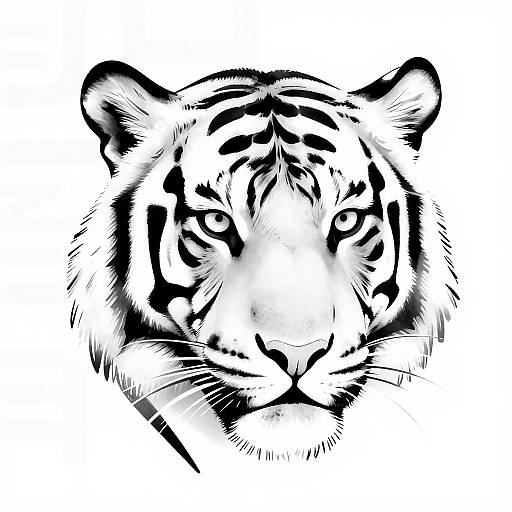Black and white digital tiger portrait, detailed with bold lines and shading, capturing intense gaze and intricate facial patterns.