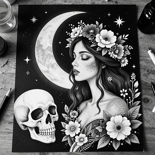 Black and white ink drawing of a floral-crowned woman with closed eyes beside a skull, under a crescent moon, surrounded by stars. Art supplies