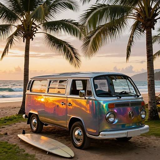 Vintage Kombi Van at Tropical Beach Sunset