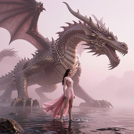 Digital artwork: A dark-haired woman in a pink, flowing dress stands in shallow water, facing a massive, green-scaled dragon with wings spread,