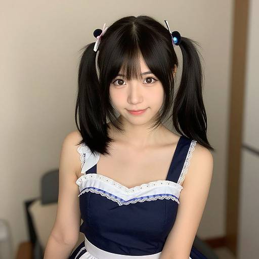 Photograph of an Asian woman with black twin pigtails, wearing a black and white lace-trimmed maid outfit, smiling softly in a plain