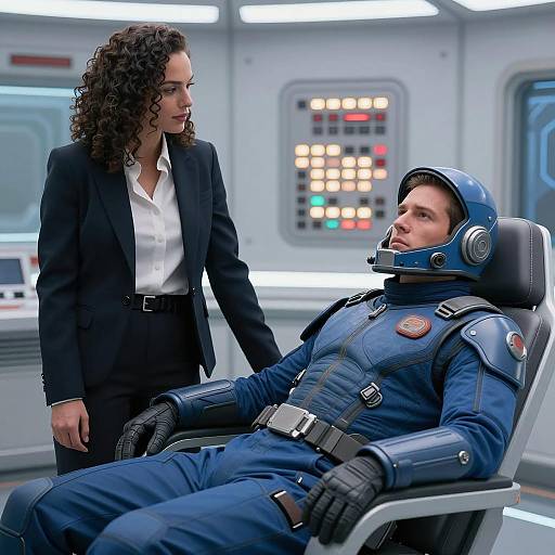 Sci-Fi Scene with Woman and Man in Armored Suit