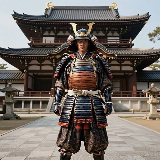 Photograph of a Japanese samurai standing in front of a traditional temple, wearing detailed black and red armor with gold horns, on a stone pathway.