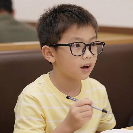 Young Boy Speaking in Restaurant
