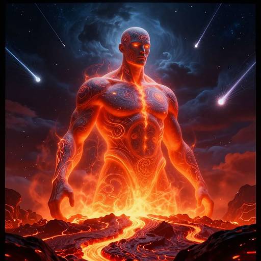 Digital artwork of a muscular, glowing, fire-embodied male figure with intricate blue tattoos standing in fiery lava under a starry night sky.