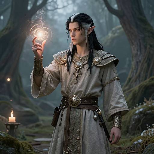 Digital fantasy artwork of an elven man with long black hair, pointed ears, and grey robe, holding a glowing light orb in a misty forest