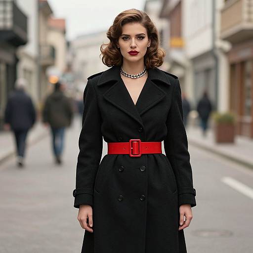 Photograph of a stylish woman with wavy brown hair, wearing a black coat, red belt, and necklace, standing on a blurred urban street.