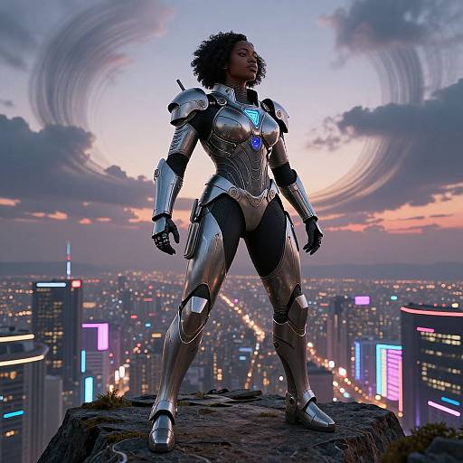 Futuristic Warrior Overlooking Neon City