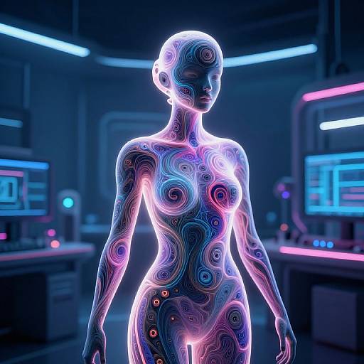 Neon-lit, futuristic silhouette of a nude, patterned female figure with glowing swirls in a high-tech laboratory, illuminated by blue and pink
