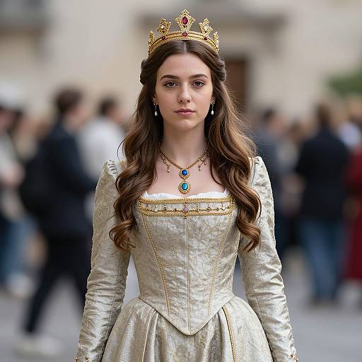 Photograph of a young woman with long brown hair, wearing a gold crown, white ornate gown, and blue pendant, standing in a blurred urban