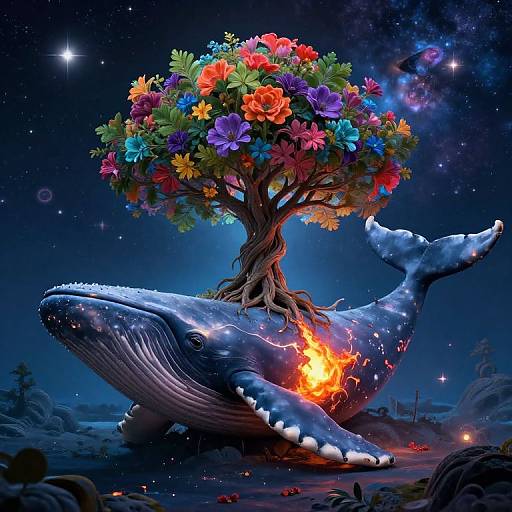 Digital artwork of a blue whale with glowing fire patterns, supporting a vibrant tree with multicolored flowers under a starry night sky.