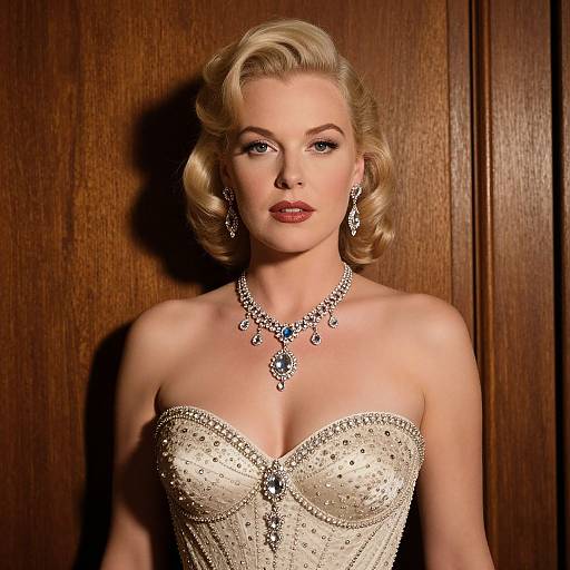 Photograph of a blonde woman with vintage-style curled hair, wearing a strapless, beaded, cream-colored gown and elaborate silver necklace, against a