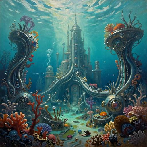 Digital artwork: Underwater fantasy scene with two metallic, serpent-like structures adorned with colorful corals, surrounding a futuristic, underwater city with glowing lights and