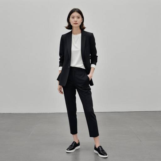 Minimalist Woman in Black Suit and White T-Shirt
