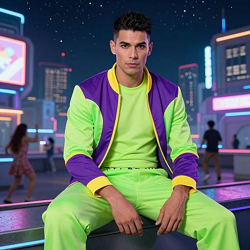Photograph of a handsome man with short, dark hair, wearing a neon green and purple jacket, matching pants, sitting on a neon-lit city