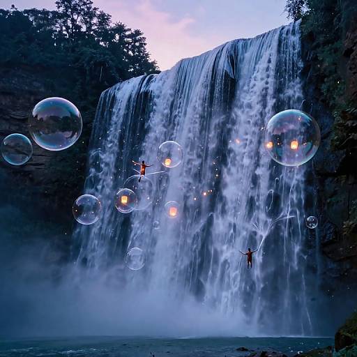 Photograph of a waterfall with glowing bubbles and small figures in mid-air, surrounded by mist and dark, forested cliffs.