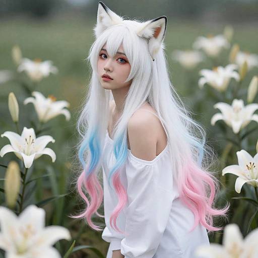 Shy Foxgirl with Gradient White Hair