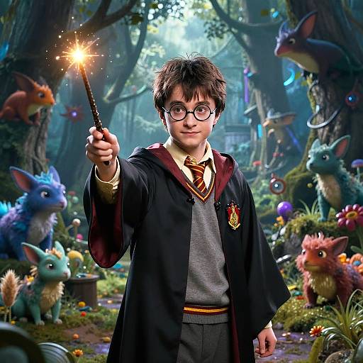 Photograph-style image: Young boy in Hogwarts robe, glasses, holding wand with spark, surrounded by colorful magical creatures in enchanted forest.