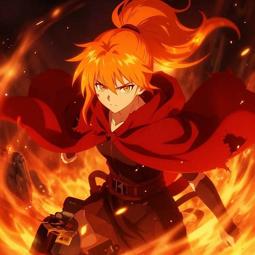 Digital anime-style artwork of a fierce, orange-haired girl with a red cape, yellow eyes, and black outfit, surrounded by intense orange flames.