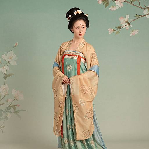 Digital illustration of an East Asian woman in a traditional, ornate teal and beige kimono with floral patterns, standing against a light green background with cherry