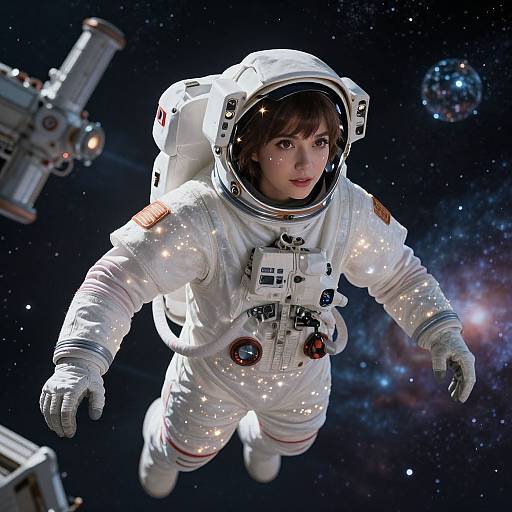 Photorealistic CGI of a young Asian woman in a white spacesuit with a helmet, floating in space, surrounded by stars and a distant planet.