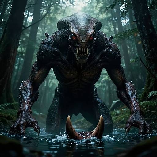 CGI forest monster with dark, scaly skin, glowing red eyes, sharp teeth, and clawed hands emerging from a muddy stream.